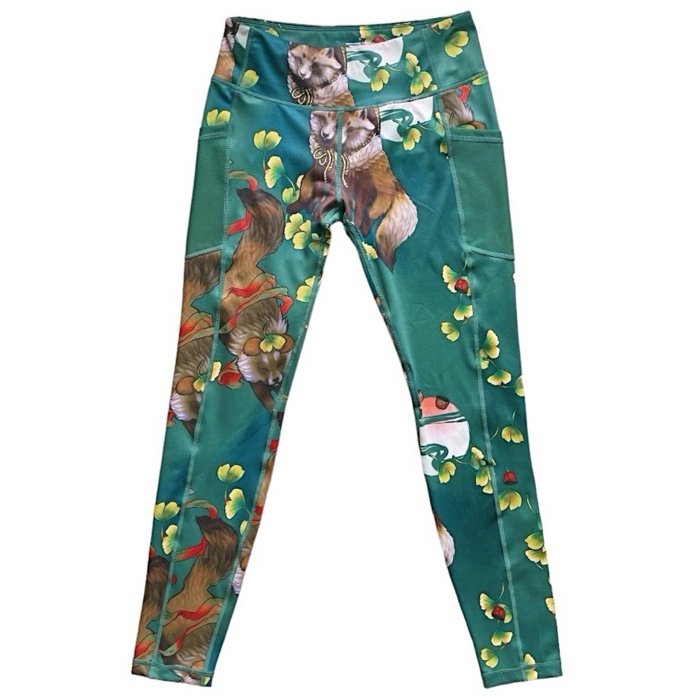 Tanuki & Gingko Leaves Mid Rise Mesh Pocket Activewear Leggings